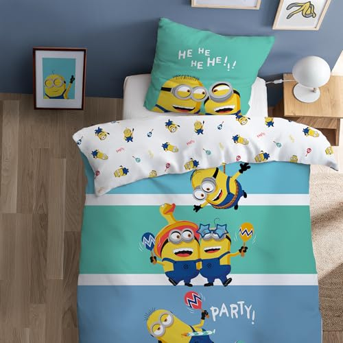 Les Minions Fiesta Parure de lit imprimée 100% coton - Licence officielle | Housse de Couette 140x200 cm + 1 taie 63x63 cm | Fermeture avec rabat | Chambre enfant, lit 1 place | Certification Oeko-Tex