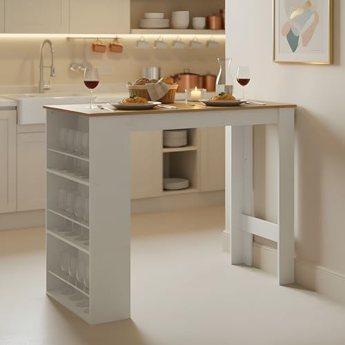 buybyroom Küchentheke, Bartisch Küche mit 3 Ablageflächen, Stehtisch Bartheke für Esszimmer Wohnzimmer Küche, 112×57×106cm, Weiß + Dunkle Eiche