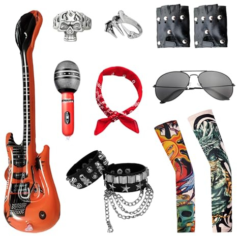 RAOPNHS 11 Stück Punk Rock Set, 80er Jahre Outfit Herren & Rocker Outfit Herren Zubehör, Rockstar Look Kostüm Set Mit Gitarre, Brille Und Armstulpen Für Party, Bühne, Karneval