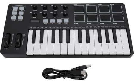 FAUOSWUK 25 Key USB MIDI Keyboard Controller, Velocity Sensitive Keys with 8 Backlit Drum Pads 8 Knobs Arpeggiator Chord Mode, for Music Production Software