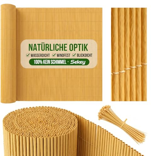 Sekey Balkon Sichtschutz Natürliche Optik 90x600cm, Sichtschutzmatte mit Kabelbindern, Sichtschutzzaun Windschutz Wasserdicht Schimmelfrei Ohne Bohren für Balkon Garten, Schilfrohr-Optik, Bambus