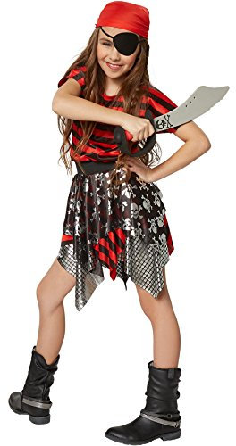 dressforfun 900355 - Mädchenkostüm kleine Seeräuberin, längsgestreiftes Oberteil und dreilagiger Rock, inkl. rotem Kopftuch (140 | Nr. 301755)