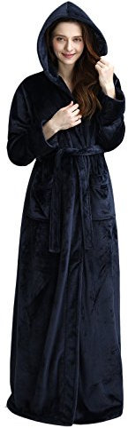 BELLOO Unisex Nightwear Flannel Fleece Dressing Gown Robe with Hood, Navy Blue L