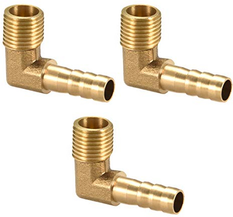 sourcing map Brass Barb Hose Fitting, 90 Degree Elbow 8mm Barbed to 1/4 PT Male Pipe Adapter Connector 3pcs