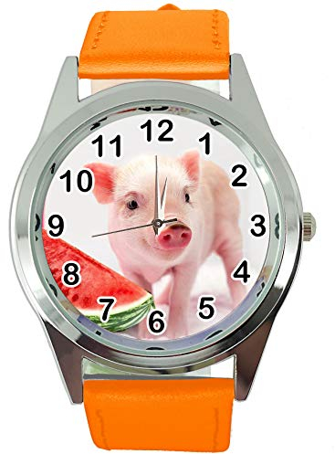 TAPORT® Armbanduhr Analog Quarz mit Echtlederband Orange Rund für Ferkel Babe Fans
