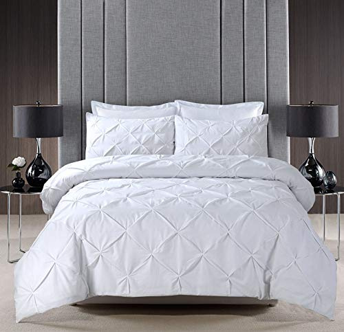 Pinch Pleat PINTUCK Duvet Cover Set Bedding With Pillow Cases Hand Made Cotton Blend (White, Super King Size)