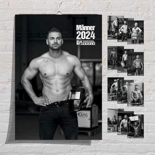 Erotik Kalender 2025 - Heiße Männer Kalender 2025 | MERKLE Kalender 2025 | Groß in DIN A2 | Spiralbindung | Männer Erotikkalender in Schwarz-Weiß, Bürotauglich, Pinup Kalender, 59 x 41 cm