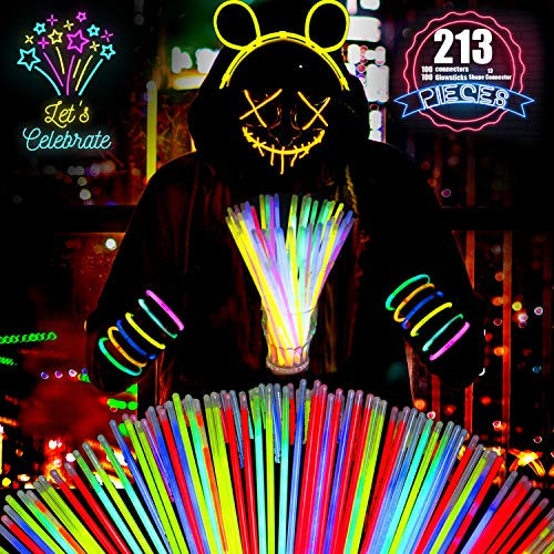213 Stück Premium-Leuchtstäbe mit Anschlüssen, Partyset zur Herstellung von neonfarbenen Halskettenarmbändern, Partyzubehör für Kinder Weihnachtsdekoration, 100 Stück Leuchtstäbe und 113 Stück Stecker