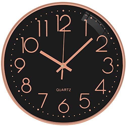 Outpicker Wall Clock Silent Non Ticking Clock 12 Inch Battery Operated Wall Clocks for Living Room Modern Bedrooms Office Kitchen Clock (Black-rose Gold)