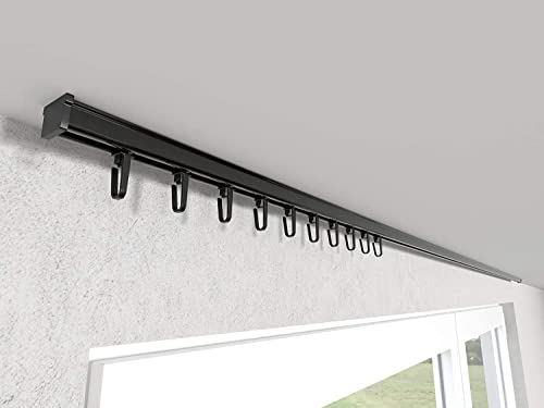 Market-Alley Vorhangschiene Aluminium Weiß/Schwarz Gardinenschiene ; C 1-läufig ; 120cm-600cm. Für Kräuselband Gardinen oder Schiebevorhang (Schwarz Gardinenschiene mit Faltenlegehaken ; 200cm)