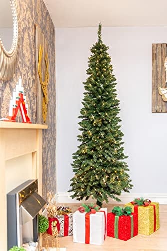 SHATCHI 8Ft/2.4m Pre-Lit Artificial Slim Christmas Green Pencil Tree, Pointed Tips, Metal Stand Warm White LEDs Lights Holiday Home Decorations, 240 cm