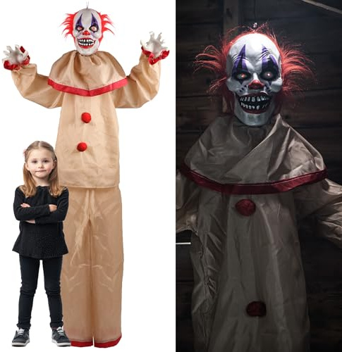 Animatronic Large Creepy Clown 160cm 63 Halloween Decoration - Red Light up Eyes & Sound Effects - Moving Arms - Halloween Props - Pack of 1