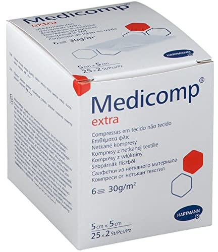 Medicomp Extra 5 x 5 cm, Vlieskompressen steril, 6fach, 25 x 2 Stück im Faltschachtel