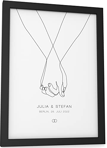 Papierschmiede® Paar Bild Personalisiert mit Namen, Datum und Ort, DIN A5 (15x21 cm) Bilderrahmen wählbar, Wandbild Hochzeitsgeschenke für Brautpaar Jahrestag Hände „Wedding Hands“