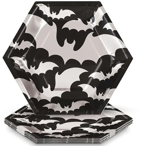 Unique 23652 Foil Stamped Hexagonal Paper Plates-23.5 cm-Silver Bats Halloween Party-8 Count (Pack of 1), Multicolour