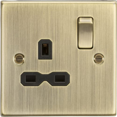 Knightsbridge Square Edge Antique Brass 13A 1 Gang DP Switched Socket With Black Insert