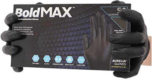 R&C Components Ltd Black Nitrile Gloves Heavy Duty Grip Textured Bold Max Disposable Gloves Powder Free - Mechanics, Tattoo, Piercing Work Gloves (XL)