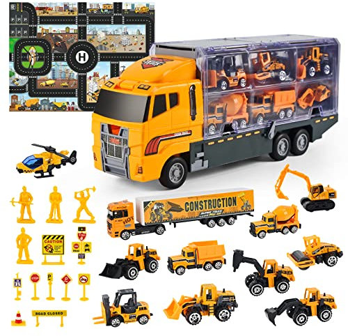 Hapavis Vehículos de Construcción Juguetes para Niños 26 en 1 Die-Cast Ingeniería Camión Set con Playmat para Niños Niños Niños 3 4 5 6 Años de Edad