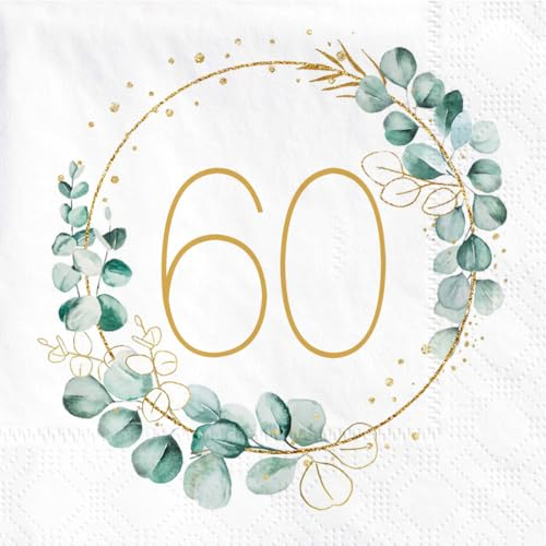 60. Geburtstag Deko Servietten, 40 Stück Servietten Eukalyptus Gold Grün Papierservietten für 60 Geburtstag Mann Frau Party Happy Birthday Geburtstagsdeko Dekoration