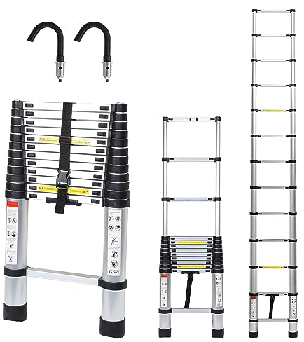 Gimisgu 3,2M Teleskopleiter mit 2 Abnehmbarem Haken, Aluminium Leiter Ausziehbar, Tragbare Aluleiter Stehleiter Mehrzweckleiter, 150 kg Tragkraft mit Rutschfester Gummifüßen Silber
