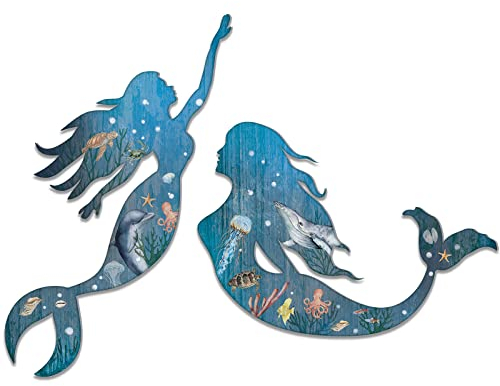 2 Stück Metall-Meerjungfrau-Wandkunst, Metallfisch, Wanddekoration, Sommer, rustikale Meerjungfrauen-Badezimmerdekoration, Meerjungfrau-Kunst-Skulptur, hängende blaue Metall-Meerjungfrau-Dekorationen