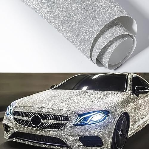 Blueshyhall Auto Folie Silber Glitzer, 30 * 200 cm Auto Wrapping Folie Glitzer, Autofolie Weiß Glitzer Diamant, Folierung Folie Auto Silber Innen Aussen Wasserfest mit Selbstklebende