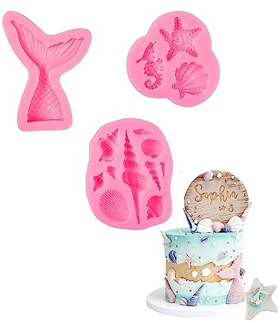 TAFACE 4 moldes de silicona para repostería, diseño de cola de pez 3D, estrella de mar, concha, molde para repostería, chocolate, dulces, etc
