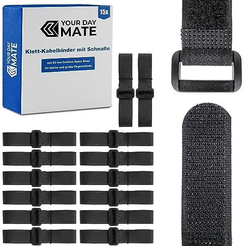 Klett-Kabelbinder mit Schnalle, 15 Stück, 20 cm Länge, in Schwarz, Kabelklett aus Nylon, Schnallenklettband, wiederverschließbare Kabelorganisation, Kabelbinder Klett Verschluss, Klemme Kabel Band