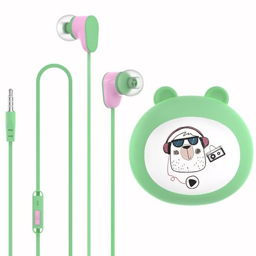 GEEKRIA Kids Wired Earbuds with Mic for School and Online Class, Children's 3.5mm Jack In-Ear Earphone with 85dB Volume Limit for Small Ears, Storage Case Included (Green)