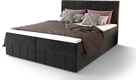 PAMIR Boxspringbett 180x200 Schlafhöhe 45cm mit Bettkasten und einem leichten Öffnungsmechanismus ausgestattet 20cm Bonell-Feder Matratzen und T30-Schaum Doppelbett mit Matratze & Topper Baham Schwarz
