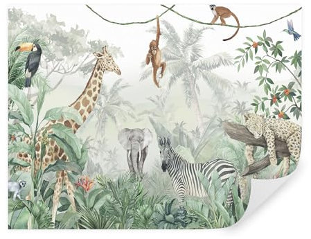 TAPEKO Papier Peint Chambre Enfant 400x280 cm style Jungle Tropiques avec Girafe Zèbre Éléphant Léopard pour Garçon Fille Papier Peint intissé u74709