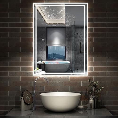 Acezanble 600 X 800 mm Backlit Illuminated Bathroom Mirror with Shaver Socket, 3 Colors Dimmable Wall Mounted Bathroom Vanity Mirror with LED Lights and Demister Pad, Energy-Saving LED Smart