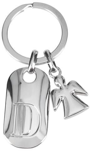 Depesche 11800-005 Silberner Schlüsselanhänger mit Buchstabe D und Schutzengel, Zinklegierung, inkl. farbigem Samtbeutel