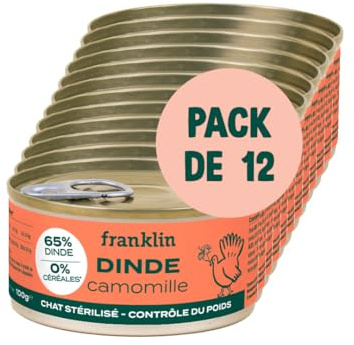 FRANKLIN – Pâtées pour Chat – sans Céréales – pour Chaton, Chat Adulte & Sénior – 66% de Viande – Saveur Dinde, Camomille – Nourriture Humide – Maximise l'hydratation – Boite 12x100g