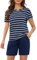 ZOEREA Pyjama Femme Été 2 Pièces - Ensemble Short à Manches Courtes Col V - Tenue de Nuit à Carreaux - Vêtement d'Intérieur Bleu Marine, XXL