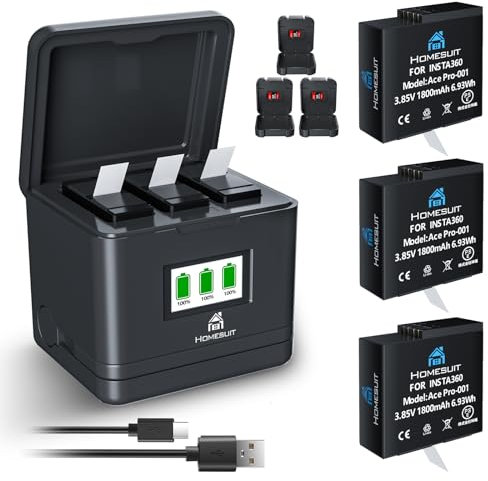 Homesuit Insta 360 Ace Batteria di Ricambio 1800mAh 3 Pezzi e tre Slot Kit Caricabatterie LCD per Fotocamera Insta360 Ace Pro/Insta360 Ace, Inclusa Scatola Batteria con Memoria Scheda SD