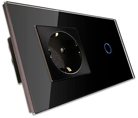 PULSAR Touch Lichtschalter mit Steckdose Unterputz 2 Fach Glas Schwarz - Sensor Schalter 230V mit Wandsteckdose Zweifach