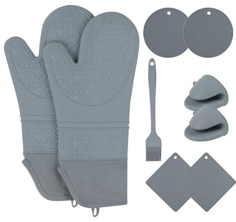 Foyucool Silicone Oven Mitts and Hot Pads Set of 9, Pair of Extra Long Oven Mittens, 4 Hot Pads (2 Round+2 Square), 2 Mini Oven Gloves and Brush, BPA Free, Heat Resistant, for Baking, Cooking