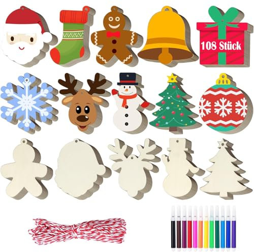 112 Stück Holz Weihnachtsbaum Deko, Christbaumschmuck Holz Anhänger Weihnachten, Holzanhänger Weihnachten Holzdeko für Weihnachten, Weihnachtsschmuck, DIY Basteln,Bemalen,Kinder,Holzdekoration