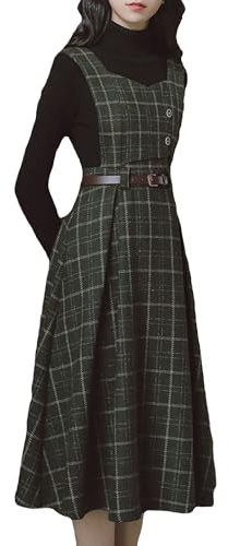 Cuteighteen Ärmelloses, kariertes Kleid mit Gürtel für Damen, Herbst, Winter, Wolle, elegant, Midi-Overall, Schürze