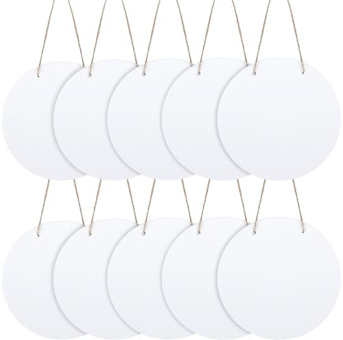 Beeveer 10 Pcs Round Sublimation Door Hanger Blanks Wall Hanging MDF Wood Blanks Unfinished Wooden Sign Circle Sublimation Sign with Rope for Heat Press Machine(4'' X 4'')