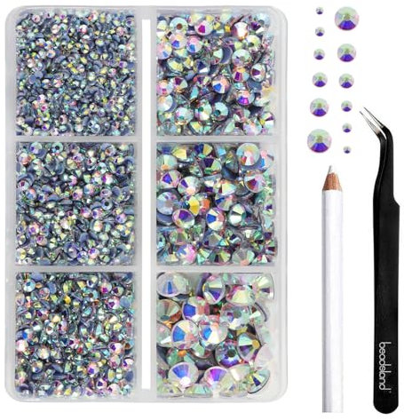 BEADSLAND pedreria hotfix,4000 PCS piedras AB strass termoadhesivas diamantes cristales para manualidades,Kit mixto de 6 tamaños con lápiz de cera y pinzas,SS6-SS30,Blanco Cristal AB Rhinestones