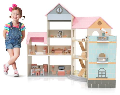 GOPLUS Puppenhaus aus Holz, 3-stöckiges Dollhouse mit 7 Zimmern, 42 Zubehörteilen & echtem Balkon, Puppenstube mit Dach für Puppen bis 15 cm, ideal für Kinder ab 3 Jahren (Model 2)