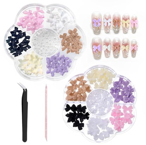 2 Boxes Pearl Bow Nail Charms, Resin Bowknot Nail Gems with Tweezers Nail Art Accessories, 3D Colorful Bowknot Nail Rhinestones for DIY Nail Decoration Crafts Jewels Supplies Mobile Phone Case Design