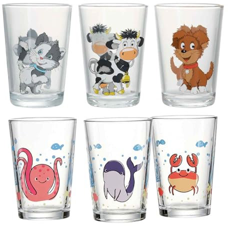 Ritzenhoff & Breker Bicchieri per bambini Hoftiere & Mondo subacqueo, set da 6 pezzi, 205 ml, motivo: animali, lavabili in lavastoviglie