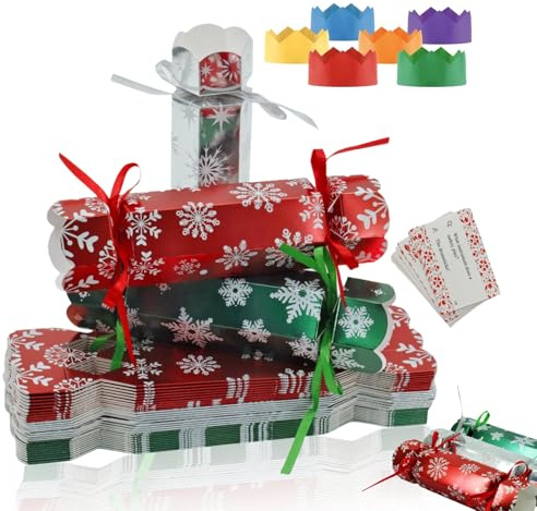 30 Sets Diy Christmas Crackers Bulk,Red Green Silver Christmas Party Crackers,Make Your Own Xmas Cracker Kit,Luxury Cracker Candy Paper Boxes with Hats/Joke,No Snap,Xmas Cracker Ideas for Adults