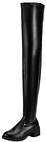 Stivali alti al ginocchio da donna neri alla moda tinta unita in pelle lucida stivali con tacco spesso stivali da donna stivali da donna piattaforma tacchi alti, Nero , 40 EU