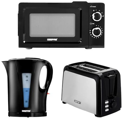 Geepas 2 Slice Bread Toaster, 1.7L Electric Kettle & 20L 700W Solo Manual Microwave Oven Kitchen Combo Set | 750W Toaster, 7 Level Browning Control | 2200W Rapid Boil Cordless Jug Kettle