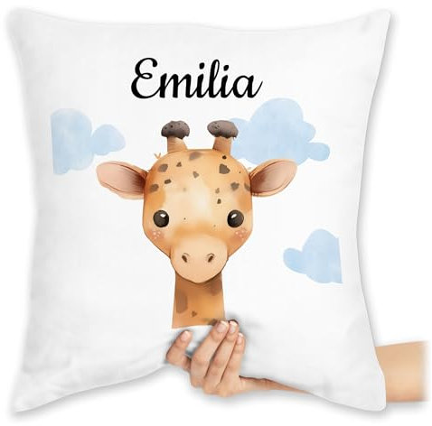 Kissen 40x40 Zierkissen - Süße Giraffe personalisiert I Giraffen Geschenke I Geschenk für Kinder mit Name I Giraffe Kindermotiv I Geschenk mit Giraffen I Savannentier - 40 x 40 cm - Weiß