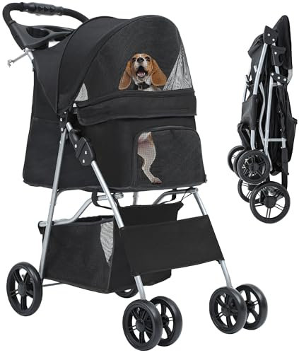 YITAHOME Hundewagen Haustiere Buggy bis 15kg, Hundebuggy mit Netzfenstern & Getränkehalter & Ablagekorb, Katzenbuggy für kleine Hunde Katzen (Schwarz)